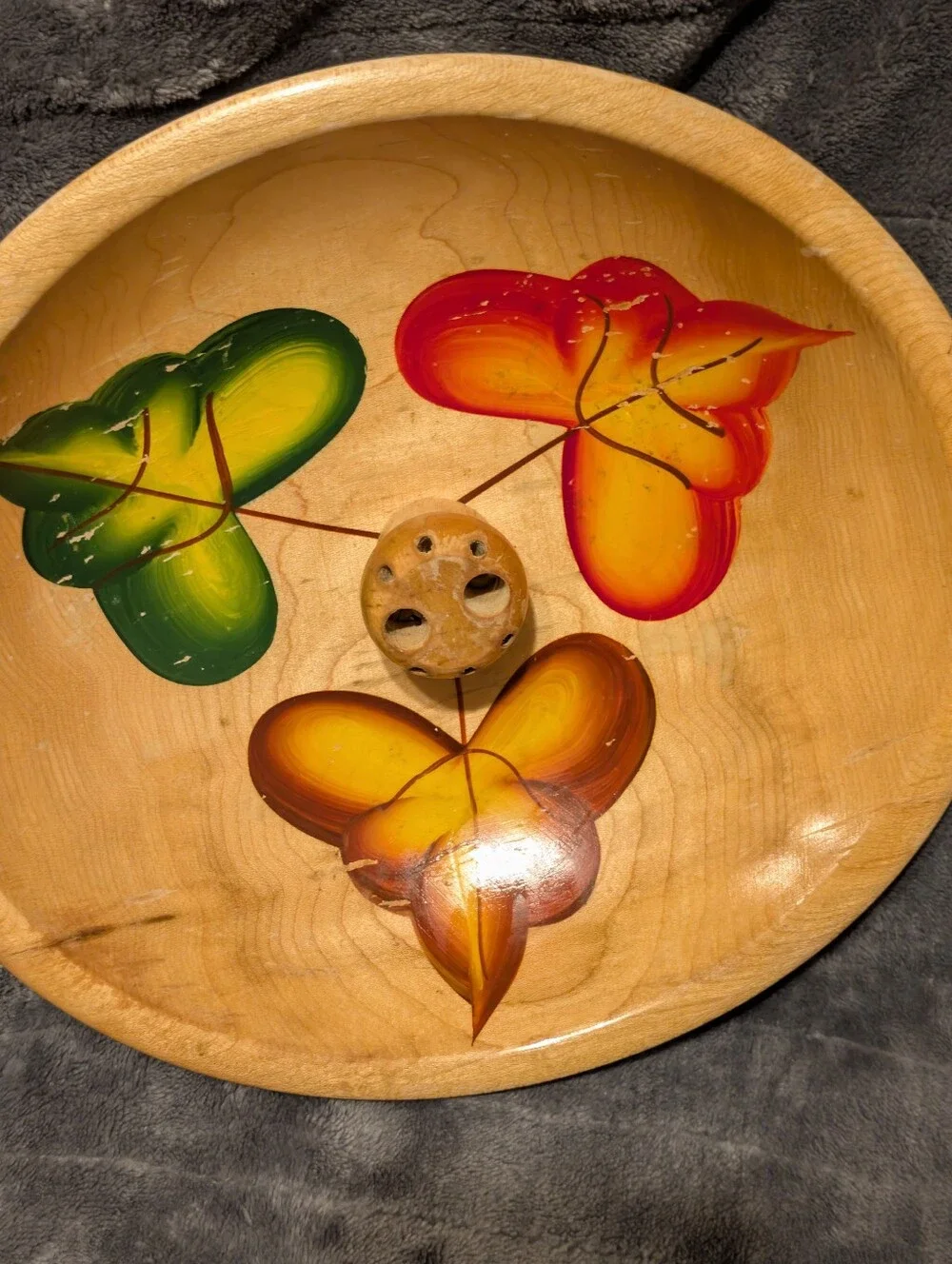 Vintage 70s Hand-Painted Wooden Nut Bowl with Colorful Floral Motif